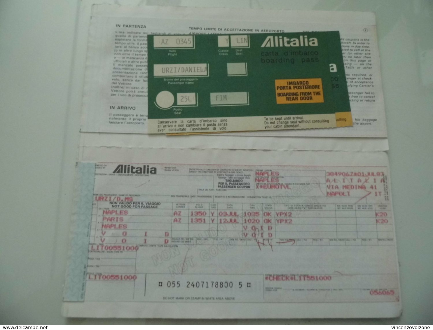 Biglietto Alitalia "NAPOLI - PARIGI" 1988 - Europa