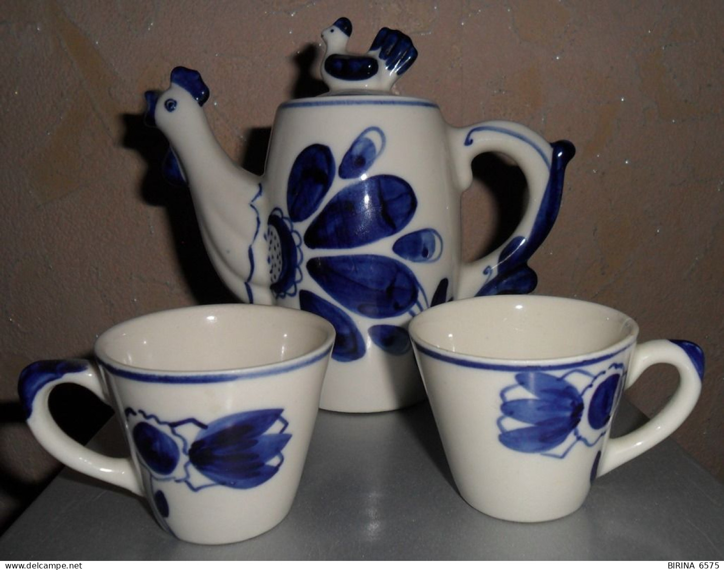 GZHEL. The USSR. Set. TEAPOT. TWO CUPS. COCKEREL. - 6-27-i - Teiere