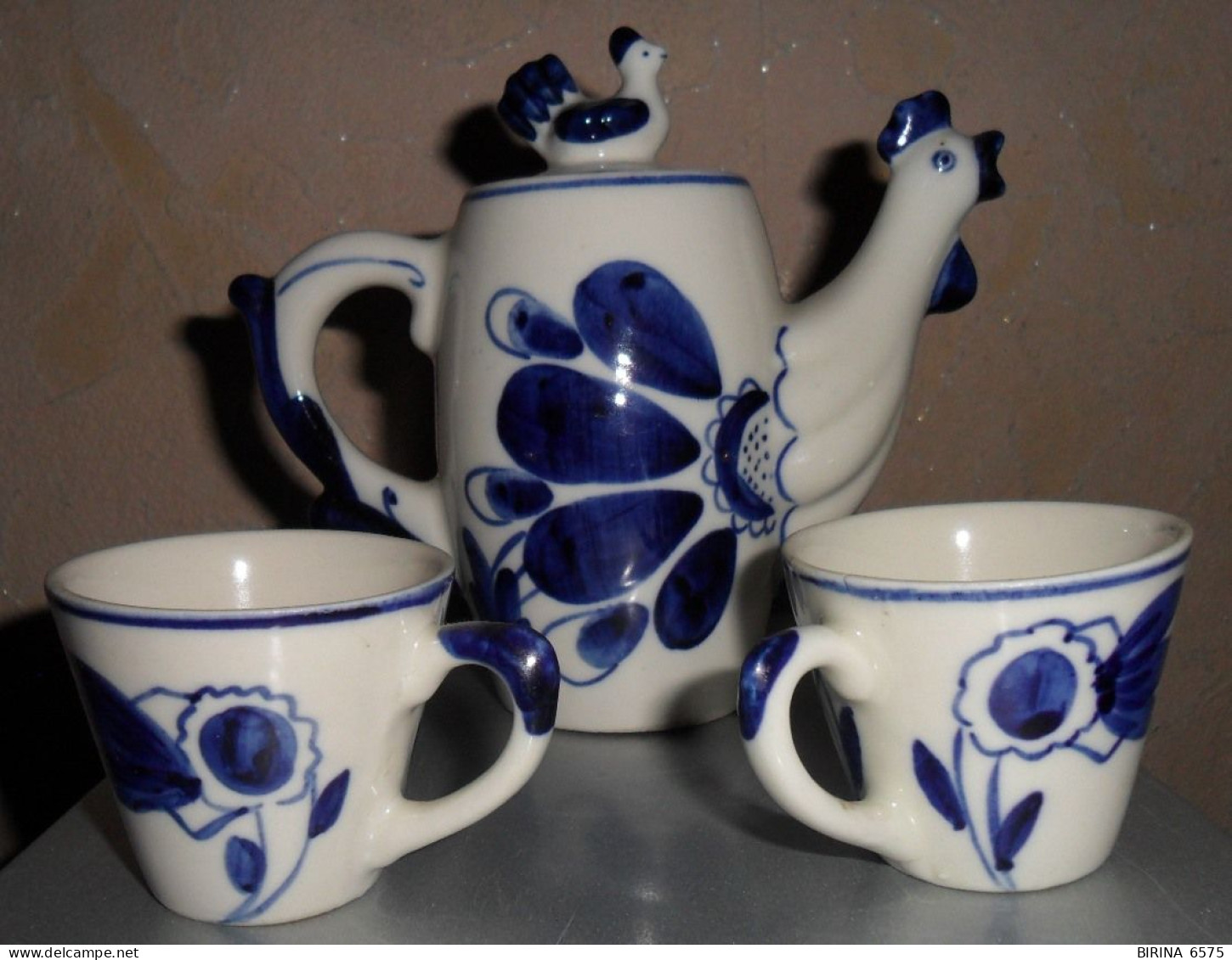 GZHEL. The USSR. Set. TEAPOT. TWO CUPS. COCKEREL. - 6-27-i - Teteras