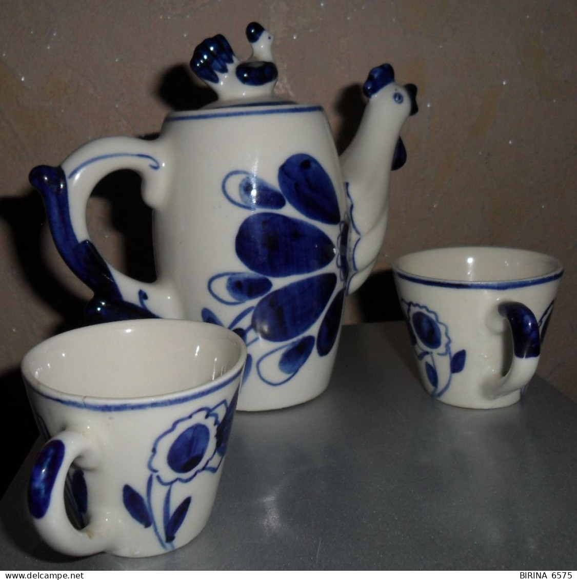 GZHEL. the USSR. set. TEAPOT. TWO CUPS. COCKEREL. - 6-27-i