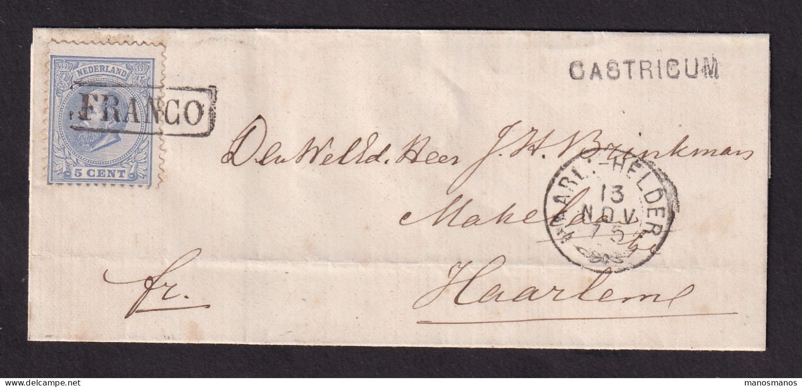 531 DT - Enveloppe TP Wilhelm Cachet Ambulant HAARL.-HELDER 1875,FRANCO, Griffe Non Encadrée CASTRICUM - Schienenverkehr