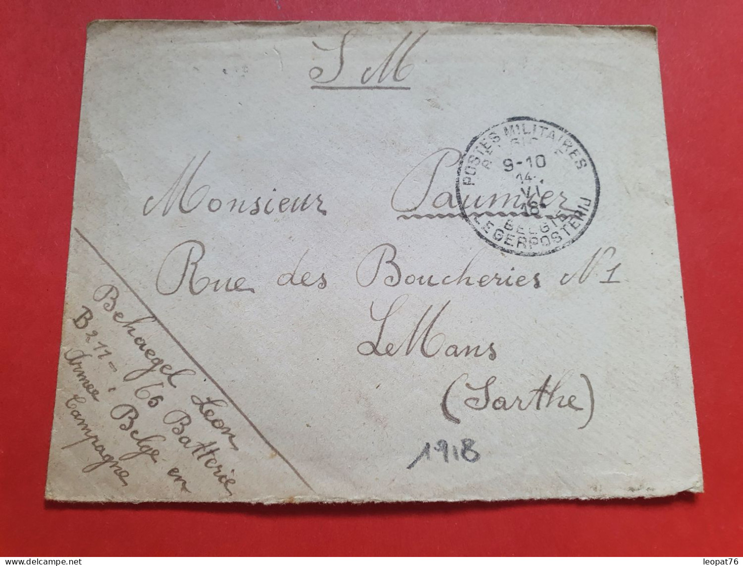 Belgique - Enveloppe En Fm D'un Soldat En Campagne Pour Le Mans En 1918 - JJ 102 - Armée Belge