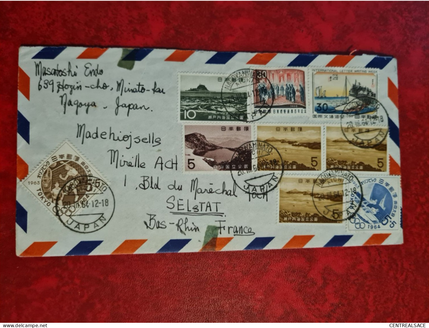 LETTRE JAPON 1967 NAGOYA BELLE AFFRANCHISSEMENT COMPOSE  VIGNETTE JO TOKIO 1964 GRECE ??? - Lettres & Documents