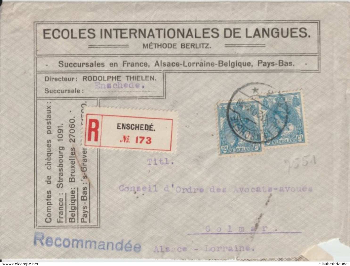 1920 - NEDERLAND - ENV. RECOMMANDEE ILLUSTREE (ECOLES DE LANGUES) De ENSCHEDE => COLMAR ALSACE-LORRAINE - Covers & Documents