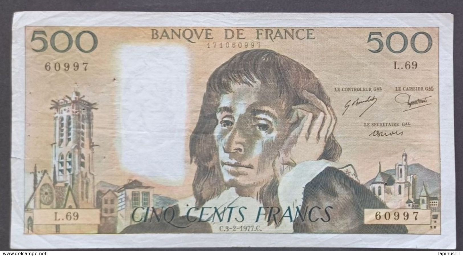 BANKNOTE MONEY PAPER 500 FRANCHI FRANCESI 1977 SERIE N L 69 - 500 F 1968-1993 ''Pascal''