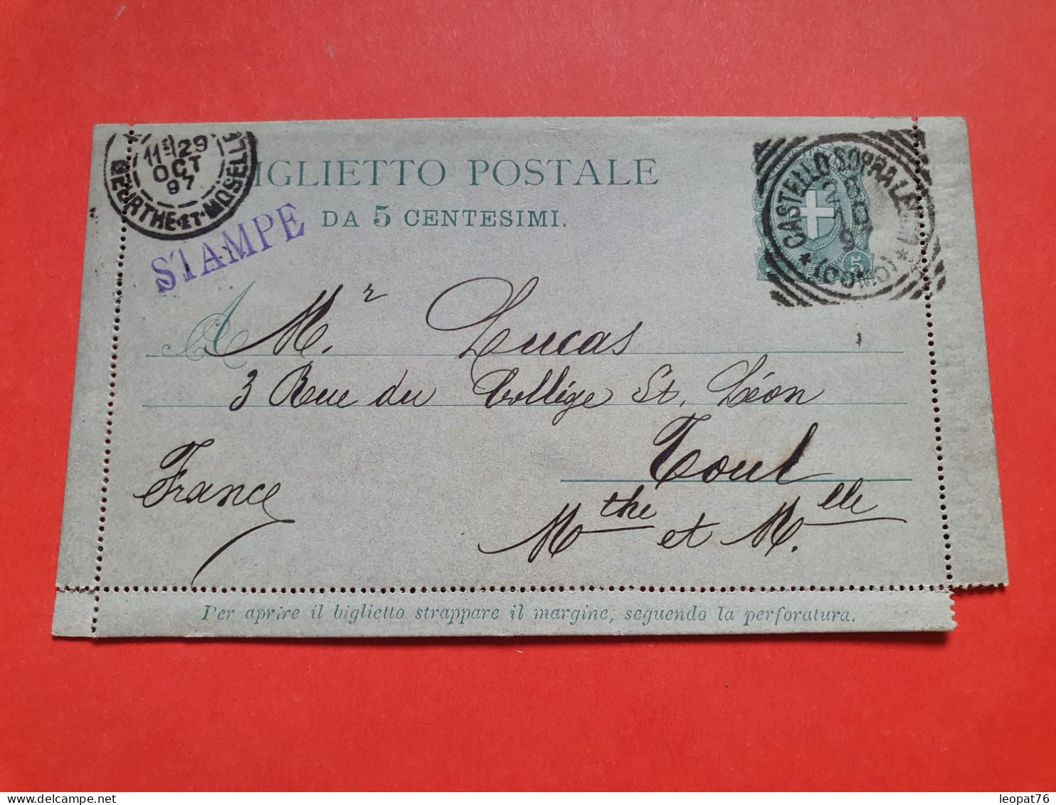 Italie - Entier Postal De Castello Sopra Lecco Pour La France En 1897 - JJ 119 - Stamped Stationery