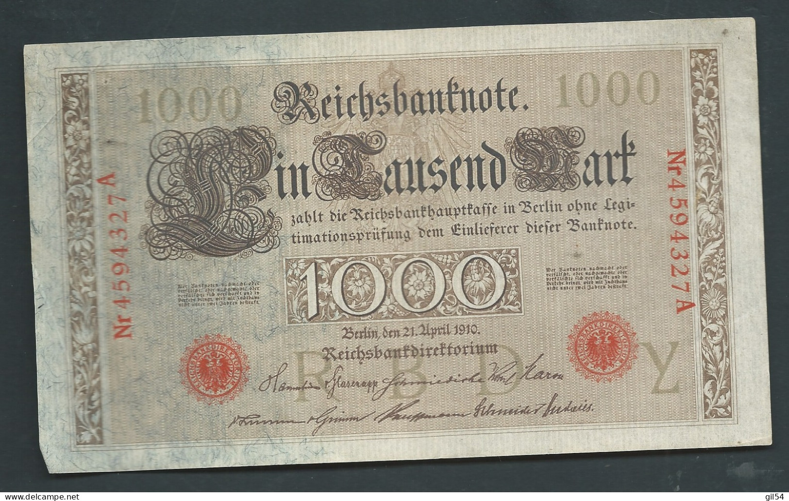 21 Avril 1910 - Billet 1000 Mark - Allemagne , - Nr 4594327 A - Laura 10612 - 1.000 Mark