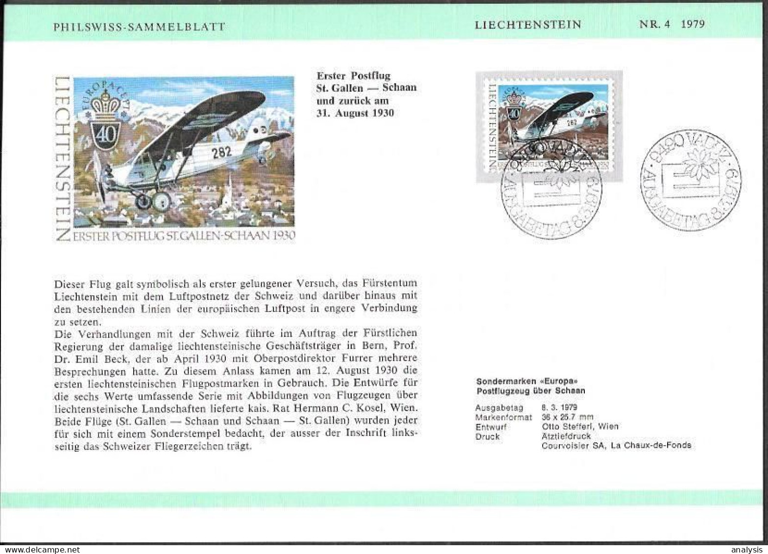 Liechtenstein Phila Card 1979. 1st Airmail Flight St.Gallen - Schaan. Vaduz - Brieven En Documenten