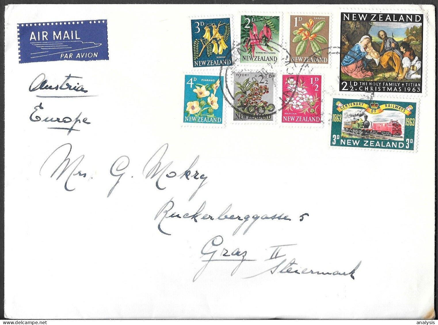 New Zealand Mount Cook Cover To Austria 1963. Christmas Railway Train Stamps - Lettres & Documents