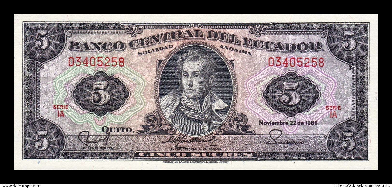 Ecuador 5 Sucres 1988 Pick 113d(1) Serie IA Sc Unc - Ecuador