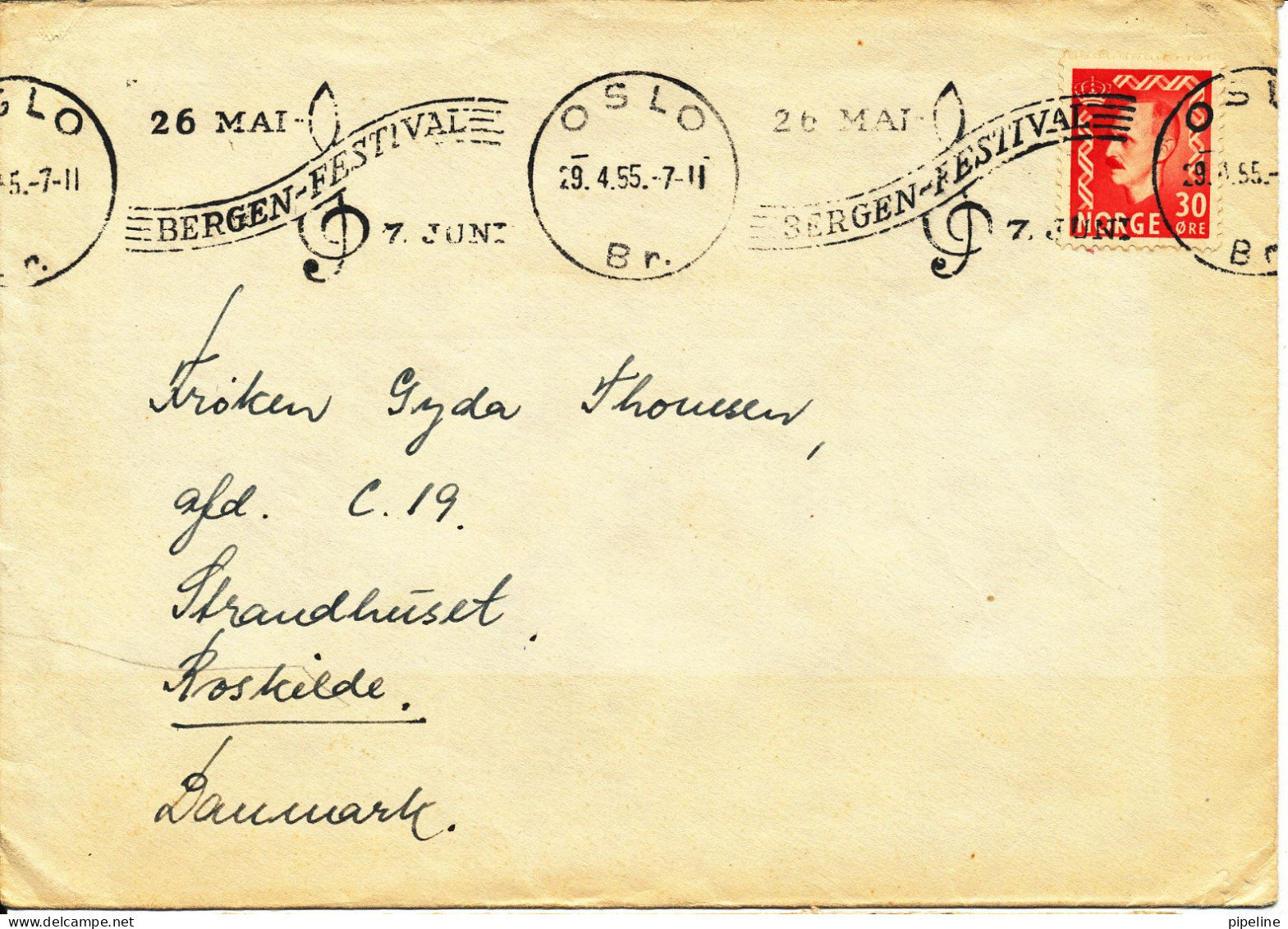 Norway Cover Sent To Denmark Oslo 29-4-1955, 26-5 To 7-6 BERGEN Festival - Brieven En Documenten