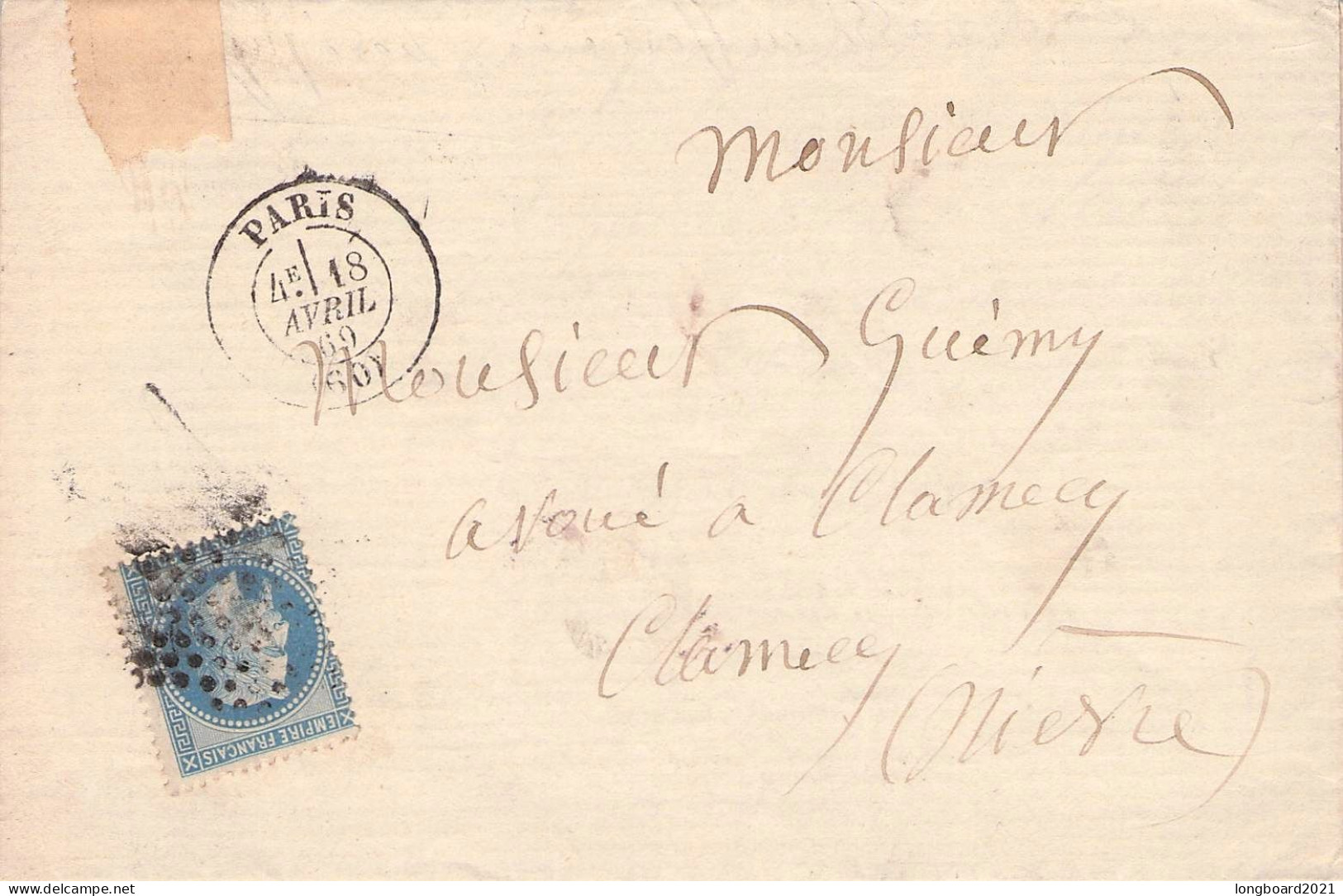 FRANCE - LETTRE 1869 PARIS / *1034 - 1863-1870 Napoleon III With Laurels