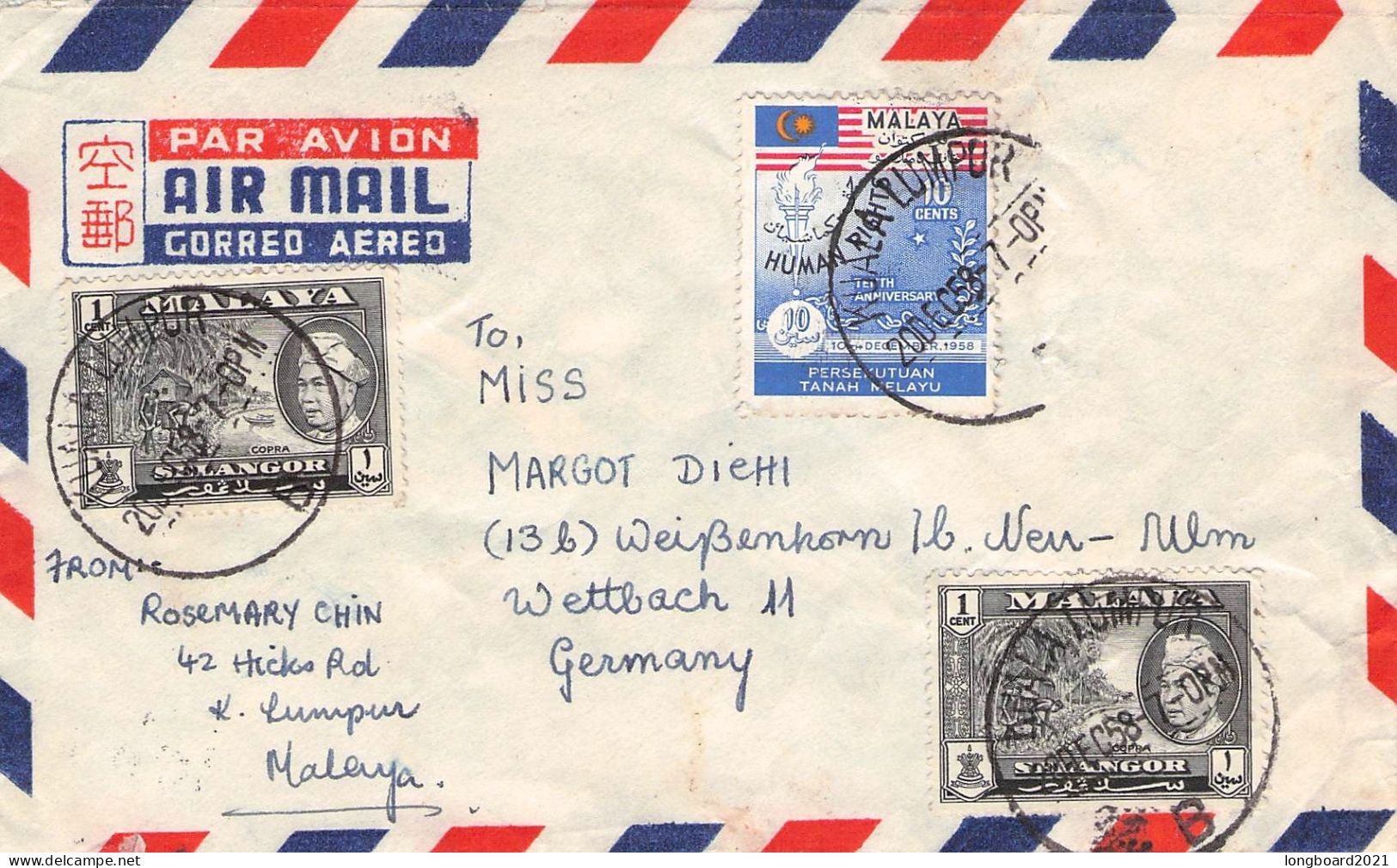 MALAYA - AIR MAIL 1958 KUALA LUMPUR - DE / *1037 - Federation Of Malaya