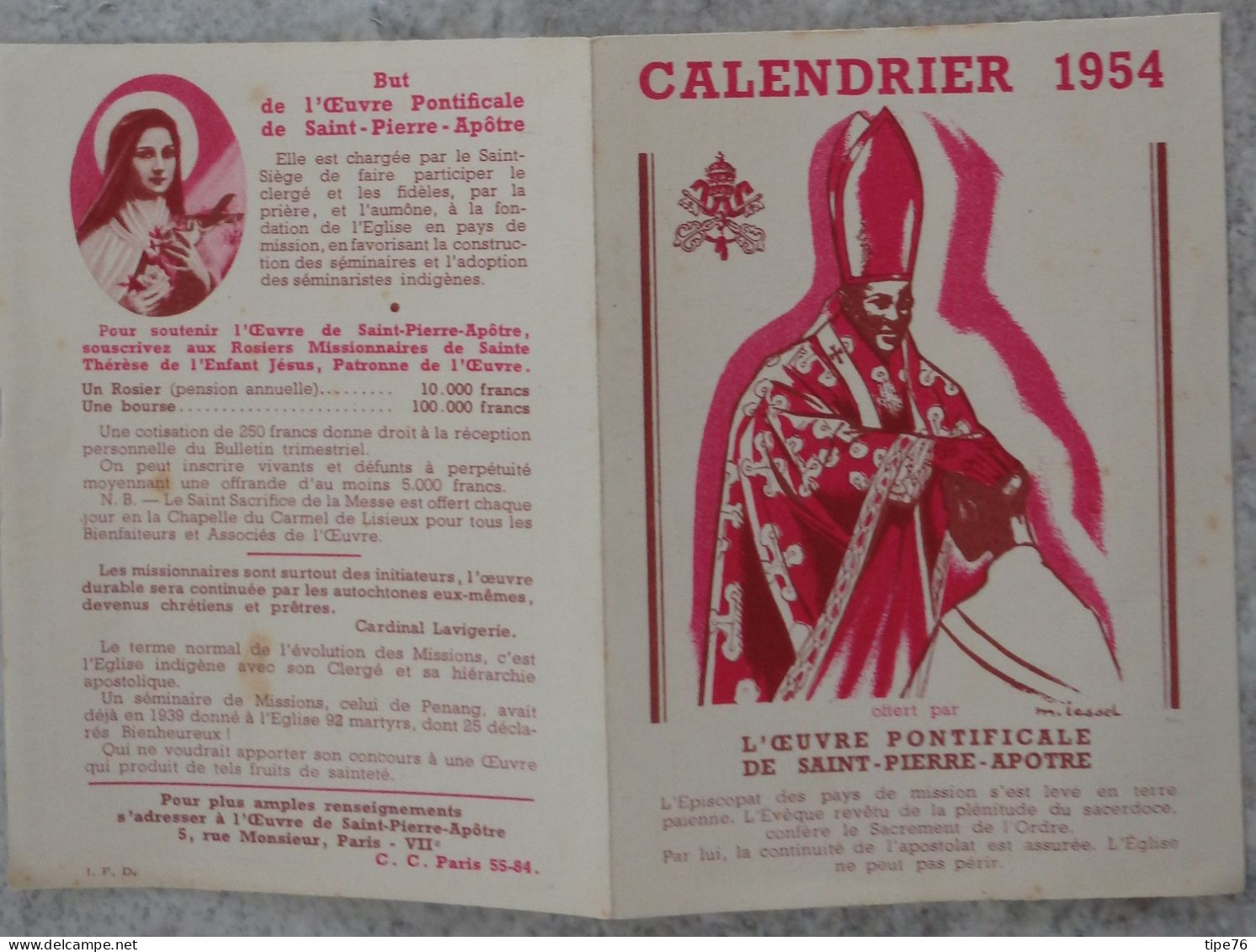 Petit Calendrier De Poche 1954 Religieux Oeuvre Pontificale De Saint Pierre Apôtre - Petit Format : 1941-60