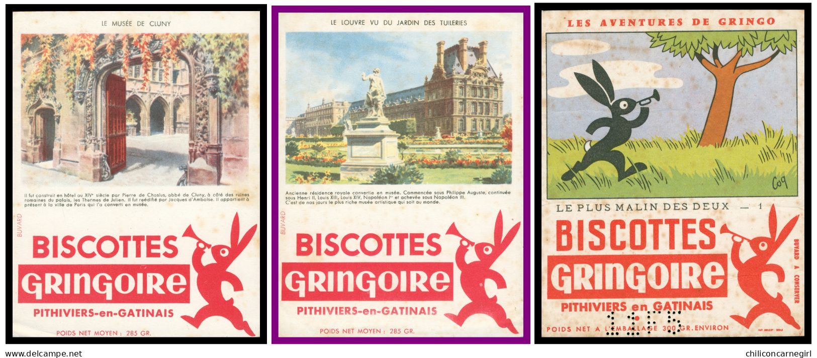 * Lot De 3 Buvards - BUVARD - Biscottes GRINGOIRE - Louvre Vu Du Jardin Des Tuileries Musée De Cluny Aventures De Gringo - Biscotti