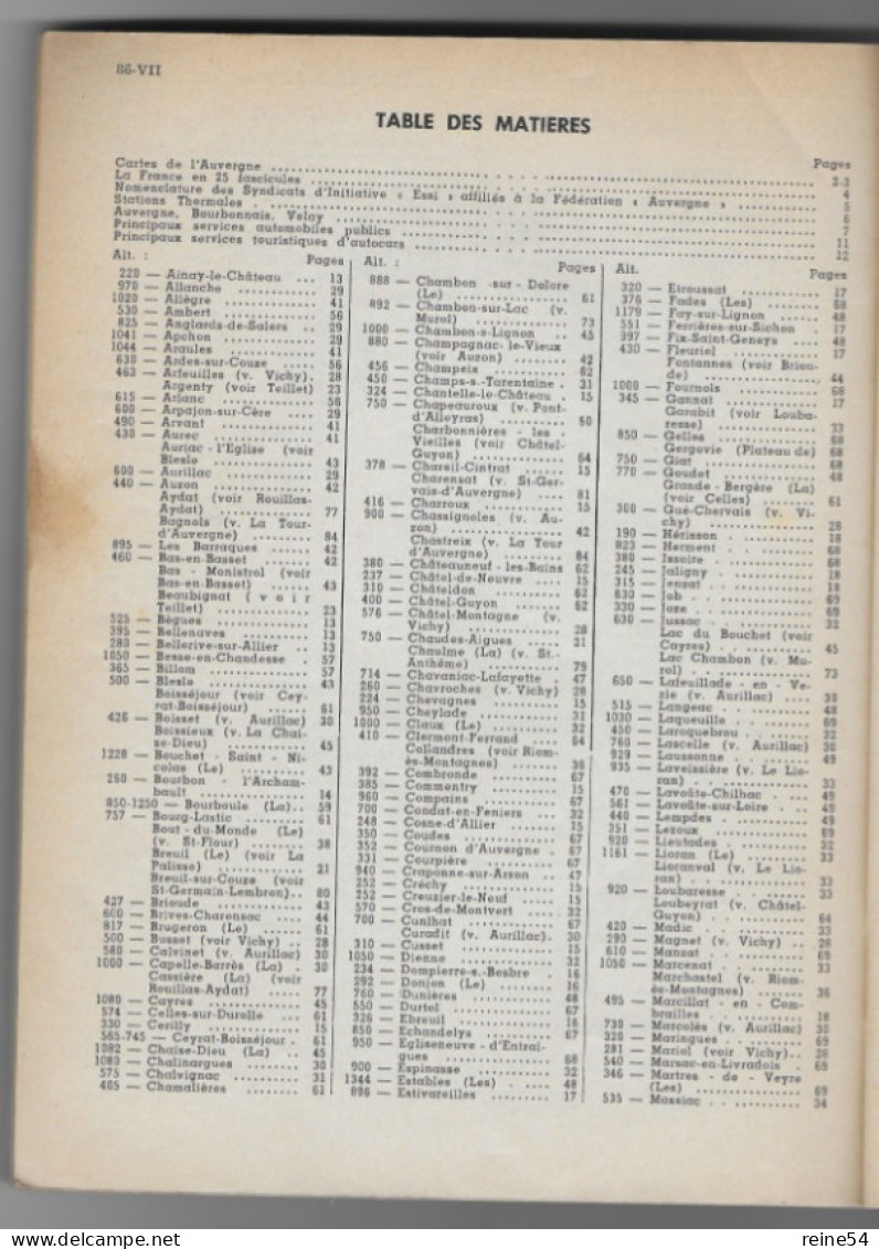 Auvergne -La France Touristique Thermale Climatique 1958 Fascicule VII Edit. Union Fédér Syndicats D'Initiative (carte) - Auvergne