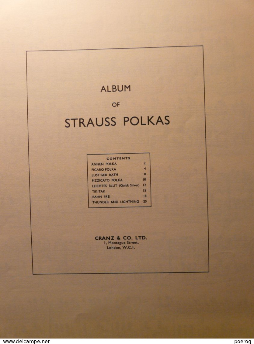 PARTITIONS - ALBUM OF STRAUSS POLKAS - CRANZ & CO LONDON - ANNEN POLKA FIGARO POLKA PIZZICATO POLKA TIK TAK BAHN Etc ... - Spartiti