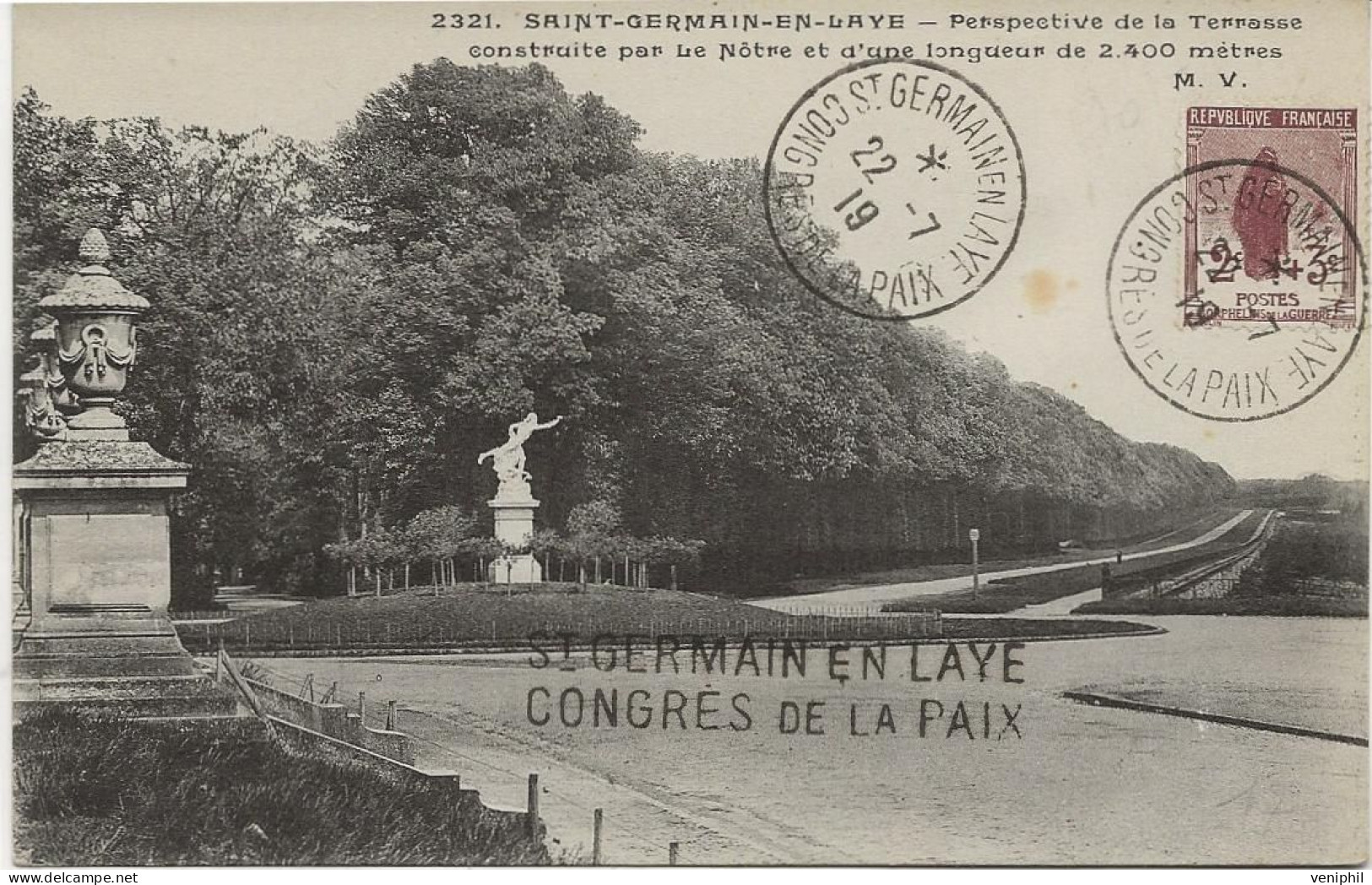 CARTE ST GERMAIN EN LAY - AFFRANCHIE N° 148 - OBLITEREE CAD CONGRES DE LA PAIX  22-7-1919 - Aushilfsstempel