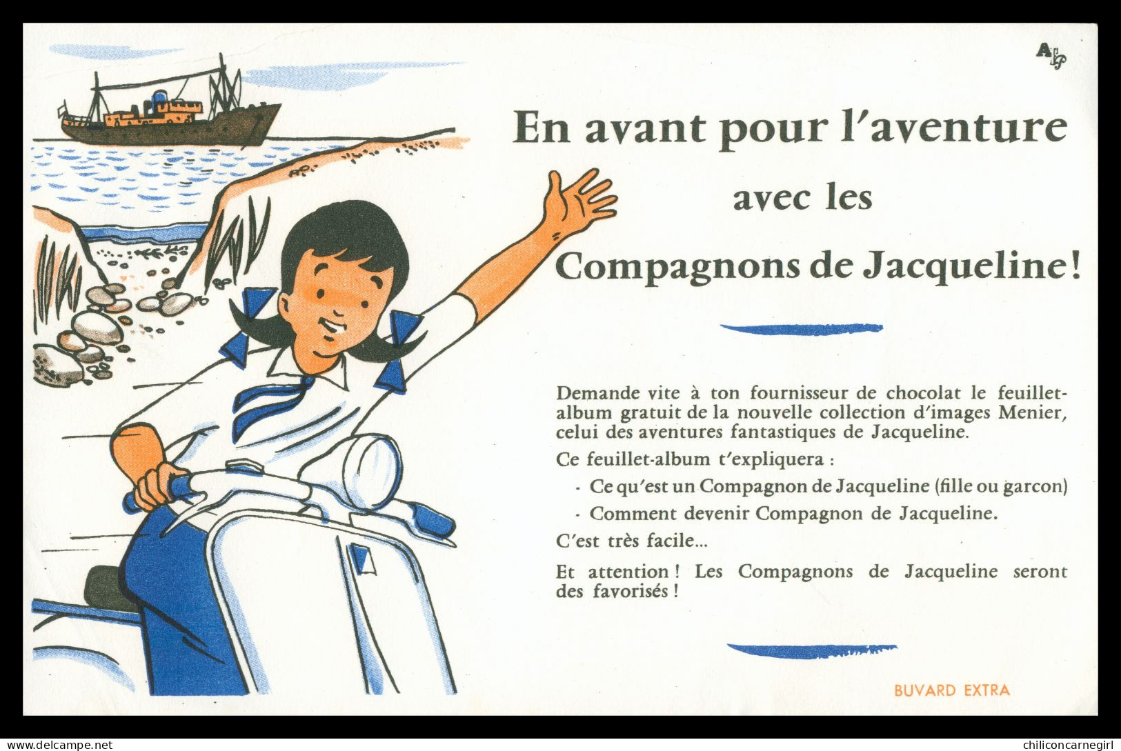 * Buvard - MENIER - En Avant Pour L'aventure Avec Les Compagnons De Jacqueline - Scooter Bateau Vespa - Chocolat