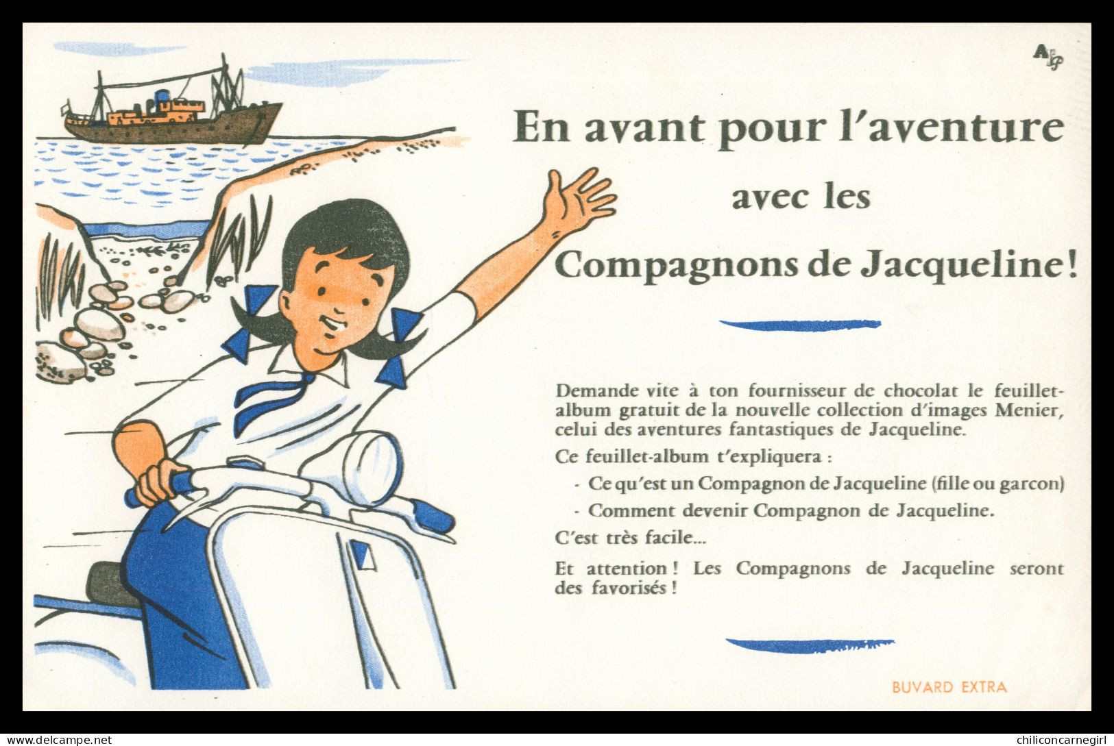 * Buvard - MENIER - En Avant Pour L'aventure Avec Les Compagnons De Jacqueline - Scooter Bateau Vespa - Mer - Cacao