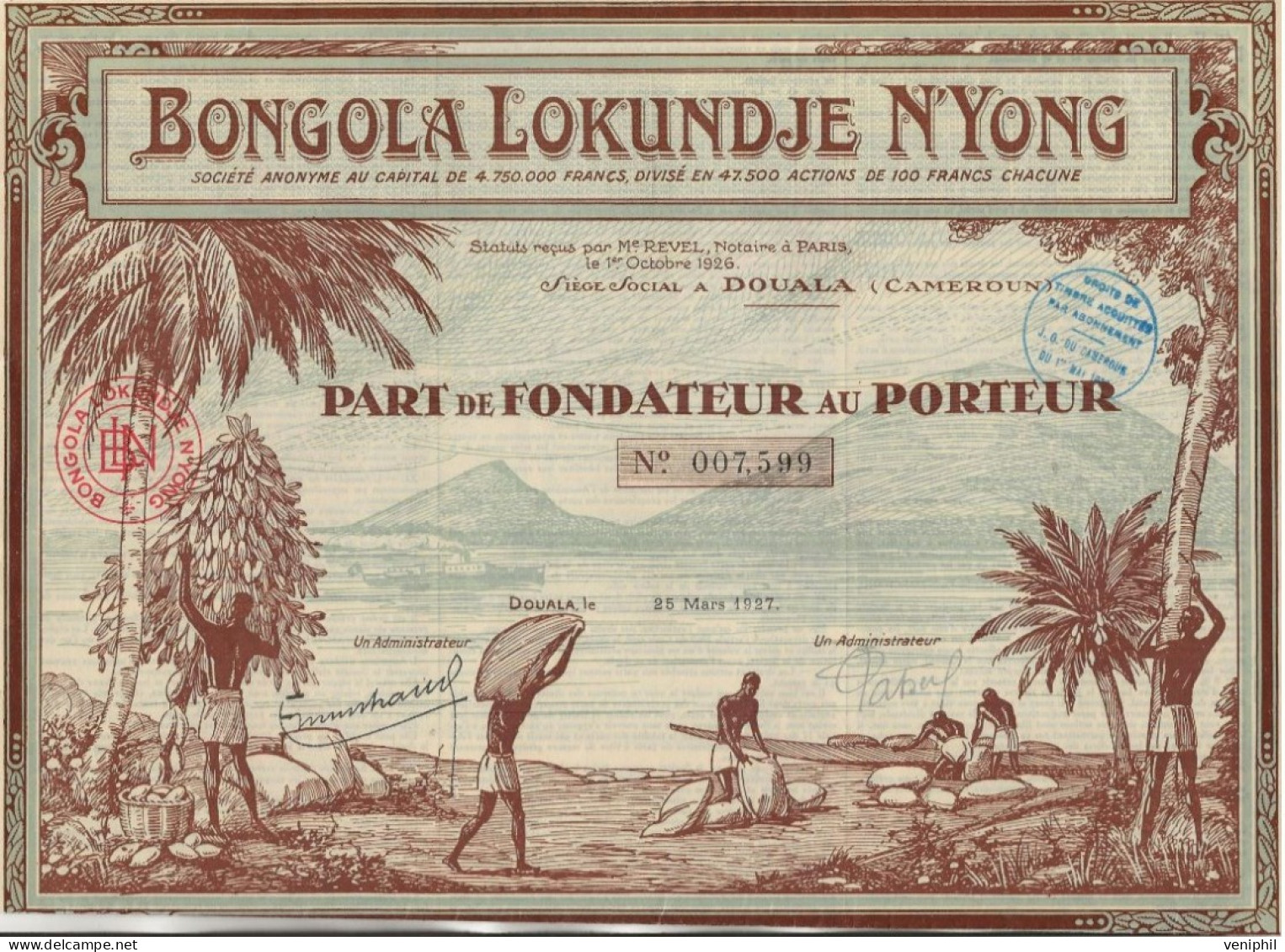 BONGOLA LOKUNDJE N'YONG - DOUALA - CAMEROUN -   1 PART DE FONDATEUR  - ANNEE 1927 - Africa