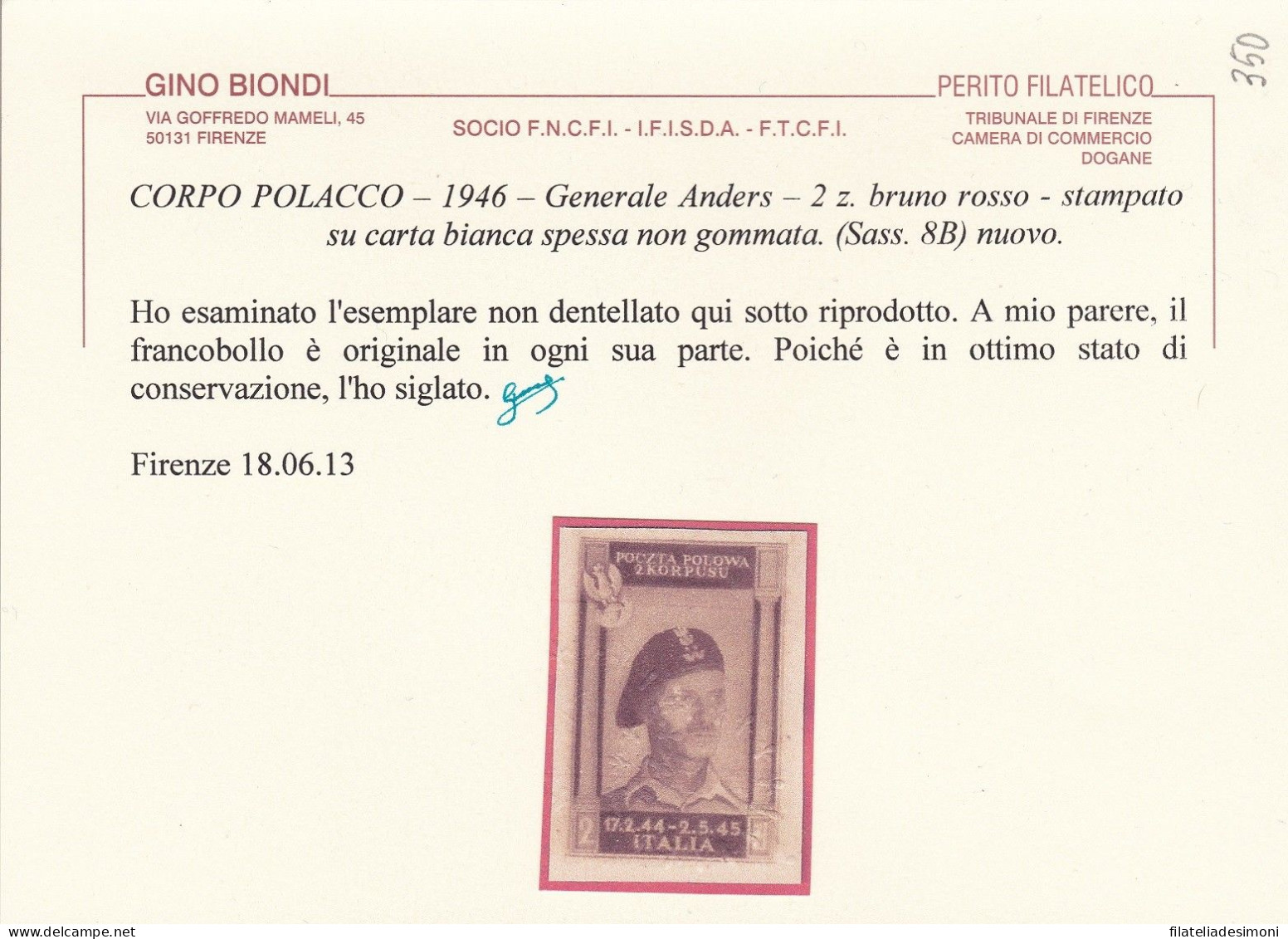 1946 CORPO POLACCO, N° 8B 2z. Bruno Rosso CARTA SPESSA (*) SENZA GOMMA - 1946-47 Zeitraum Corpo Polacco