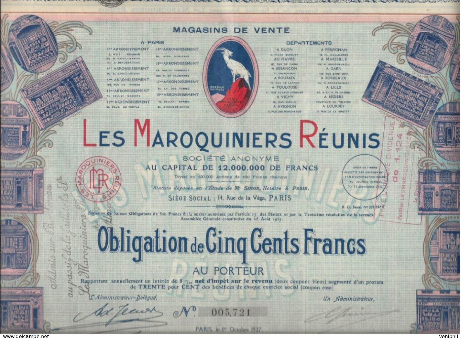 LES MAROQUINIERS REUNIS - LOT DE 2 OBLIGATIONS DE CINQ CENTS FRANCS   ANNEE 1927 - Tessili