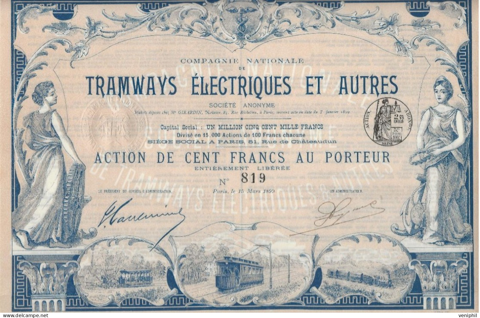 TRAMWAYS ELECTRIQUES ET AUTRES - 2 TRES BELLES ACTIONS ILLUSTREES DE 100 FRS -ANNEE 1899 - Spoorwegen En Trams