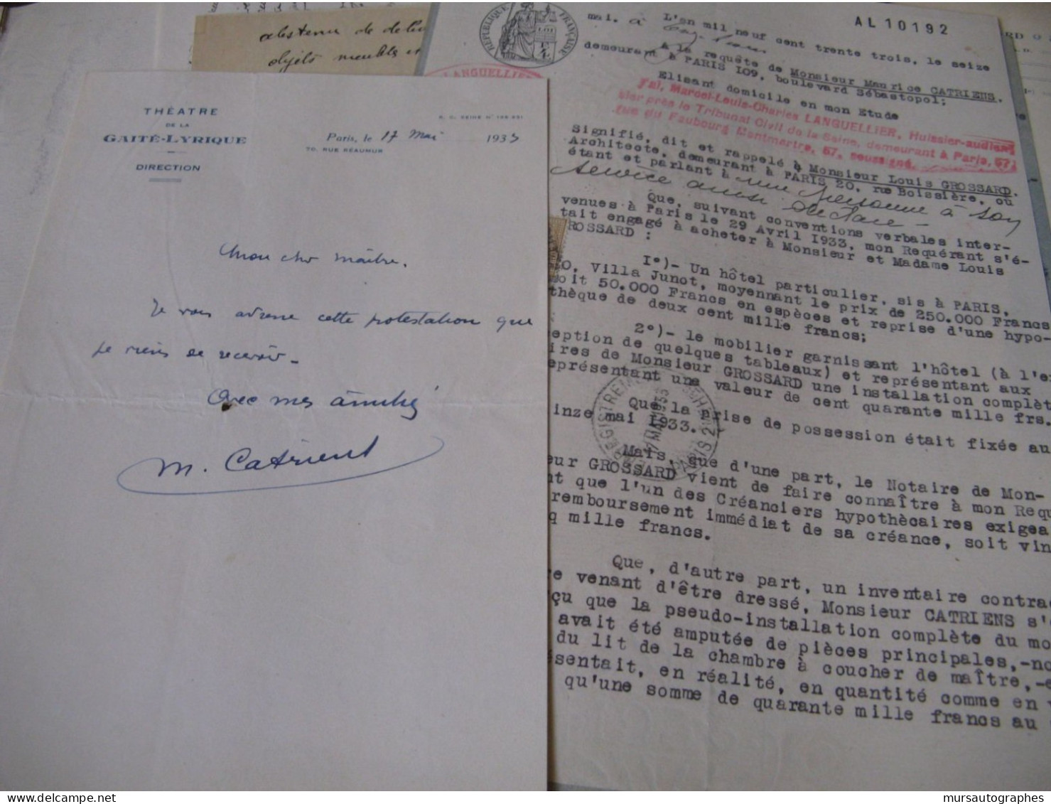 DOSSIER VENTE HOTEL PARTICULIER METTEUR EN SCENE THEATRE GAIETE LYRIQUE MAURICE CATRIENS / ARCHITECTE GROSSARD 1933 - Actors & Comedians