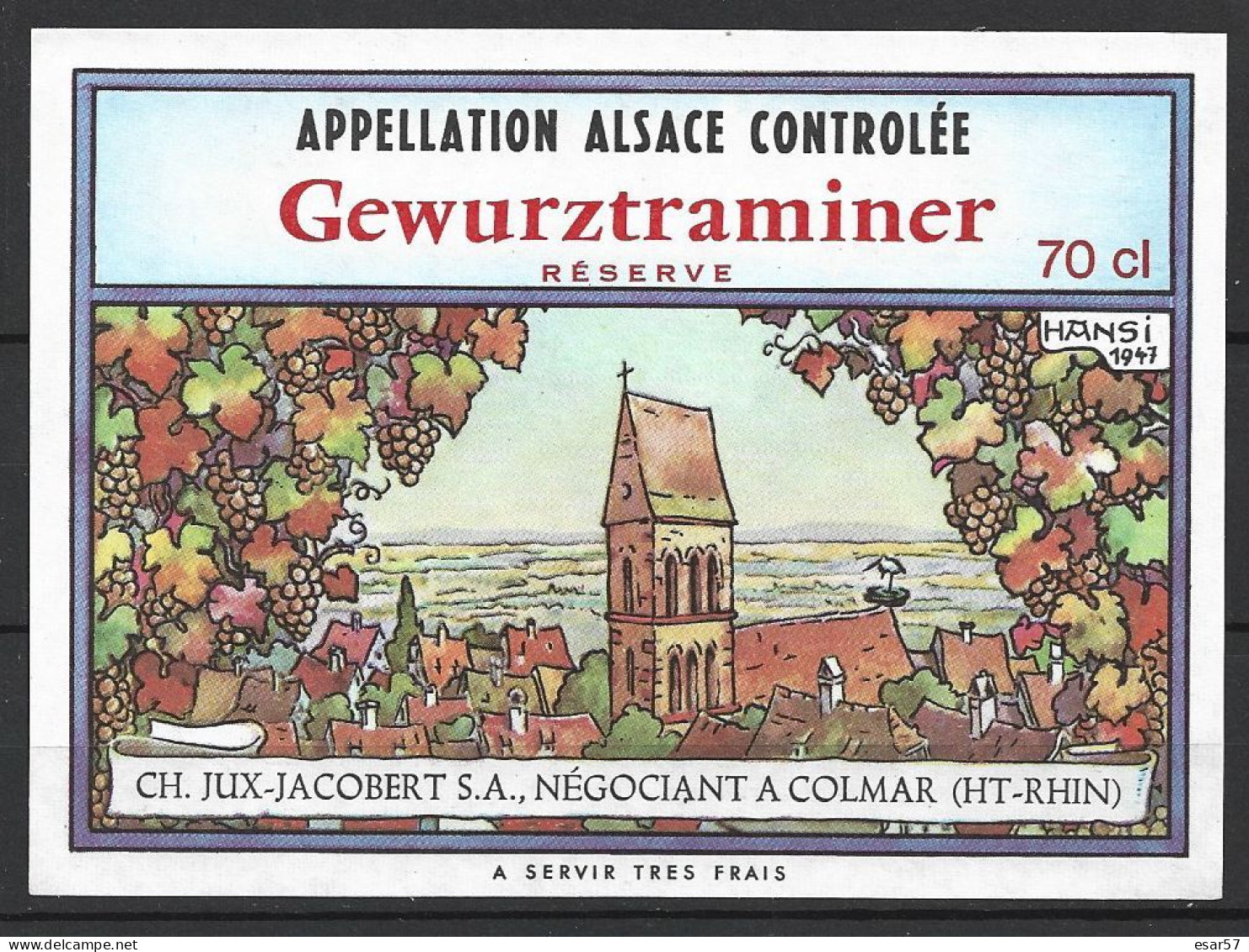 ETIQUETTE VIN GEWURZTRAMINER D'ALSACE / CH. JUX-JACOBERT à COLMAR Illustré Par HANSI 1947 - Gewürztraminer