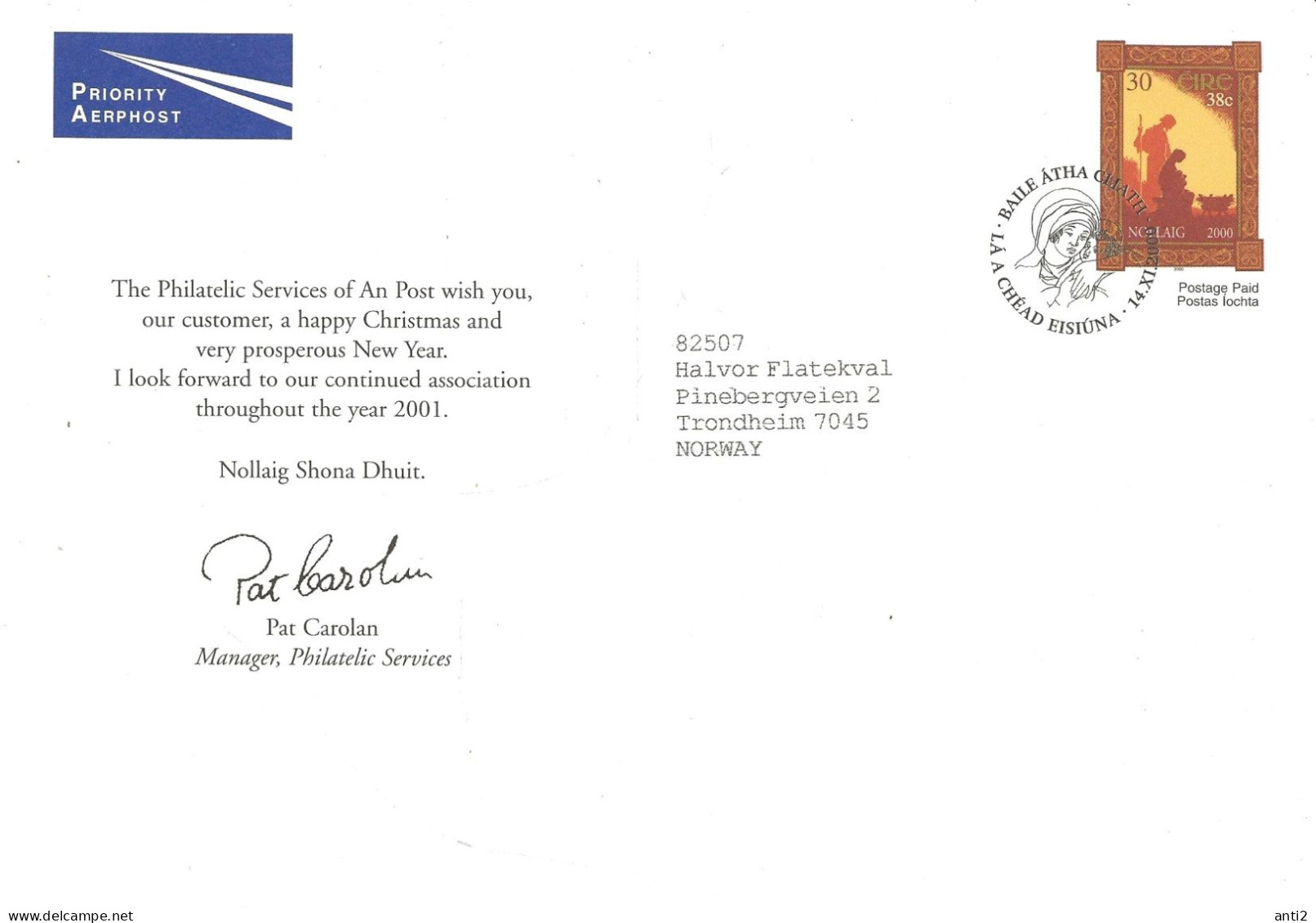 Ireland 2000 Christmas,  Card With Imprinted Stamp   Cancelled First Day - Cartas & Documentos