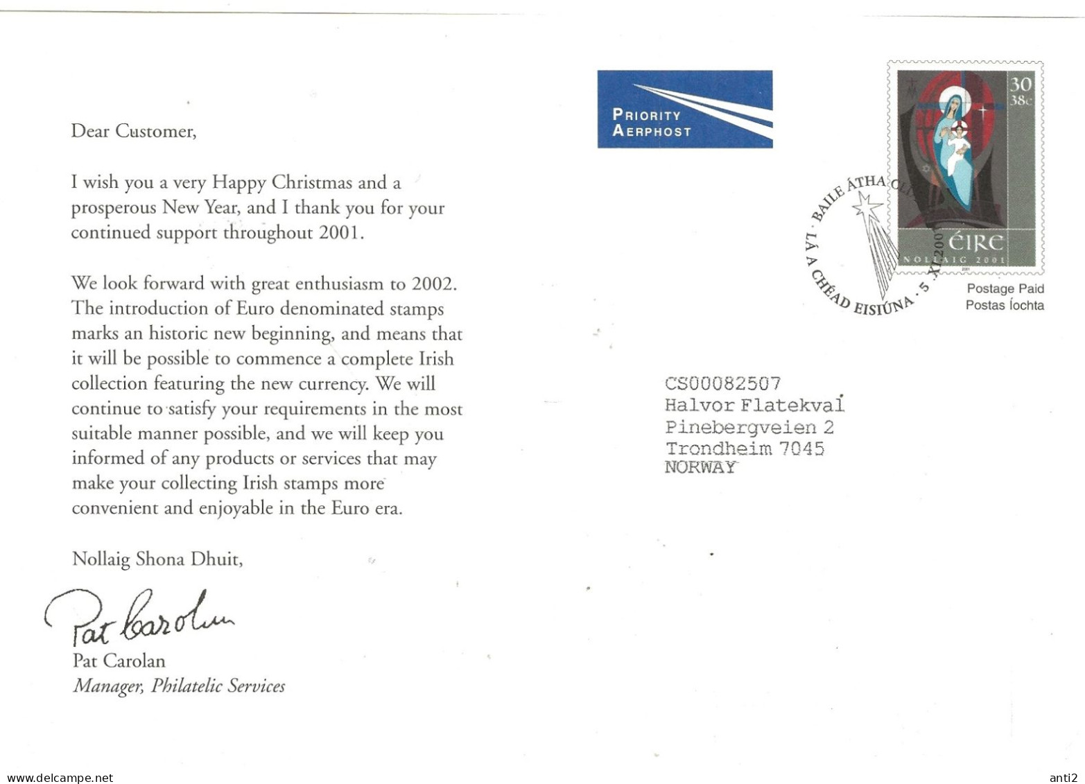 Ireland 2001 Christmas,  Card With Imprinted Stamp   Cancelled First Day - Brieven En Documenten