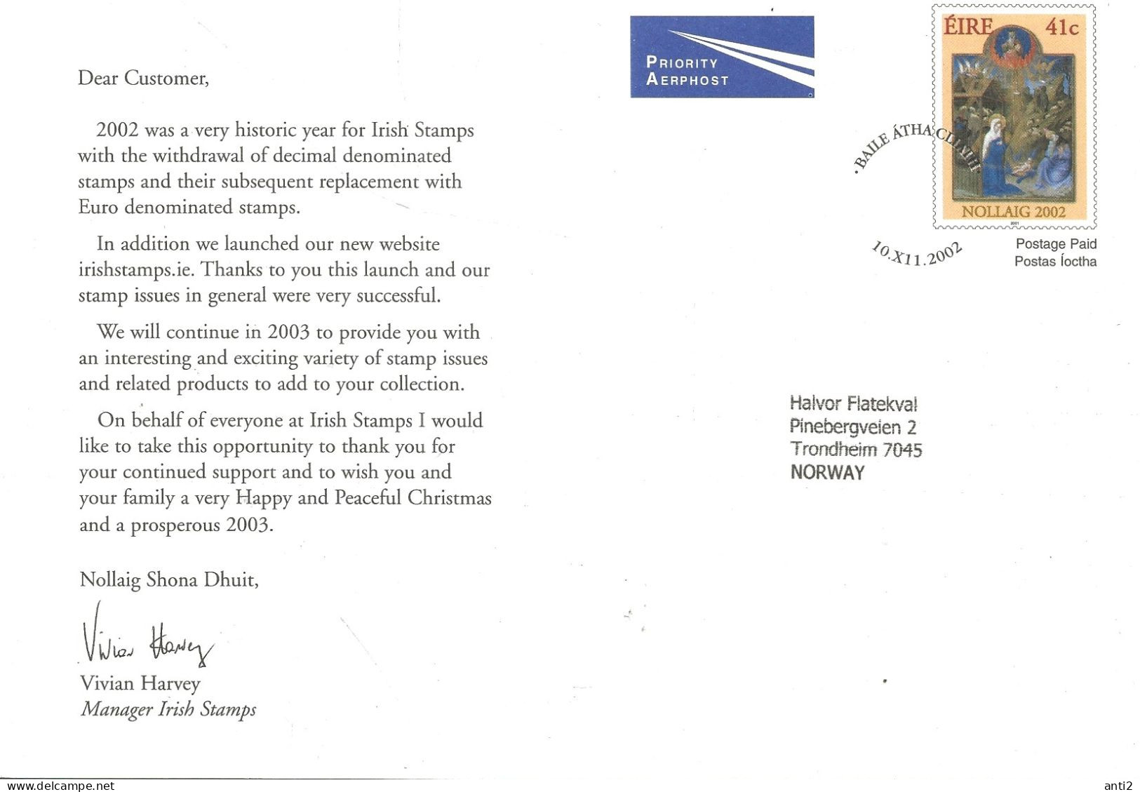 Ireland 2002 Christmas,  Card With Imprinted Stamp   Cancelled First Day - Brieven En Documenten