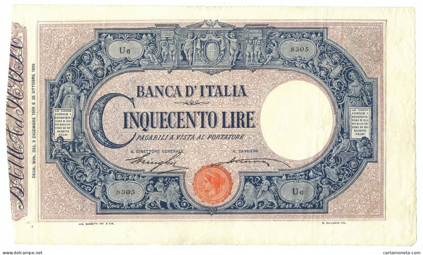 500 LIRE BARBETTI GRANDE C MATRICE LATERALE REGNO UMBERTO I 09/12/1899 BB/BB+ - Regno D'Italia - Altri