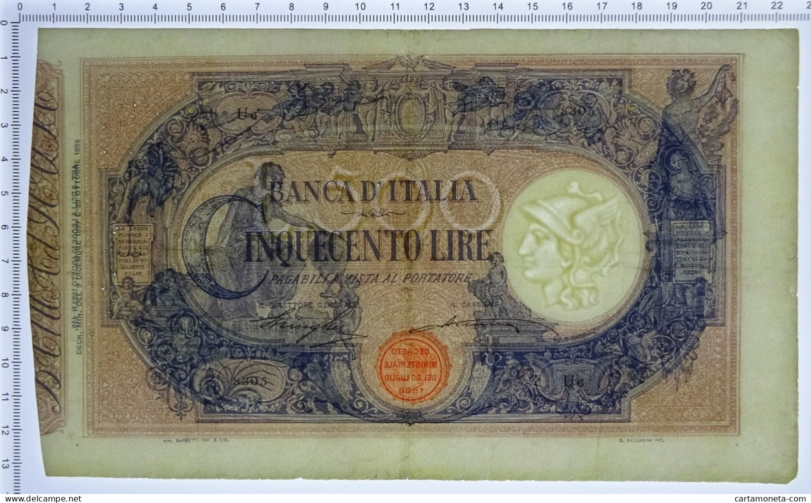 500 LIRE BARBETTI GRANDE C MATRICE LATERALE REGNO UMBERTO I 09/12/1899 BB/BB+ - Sonstige