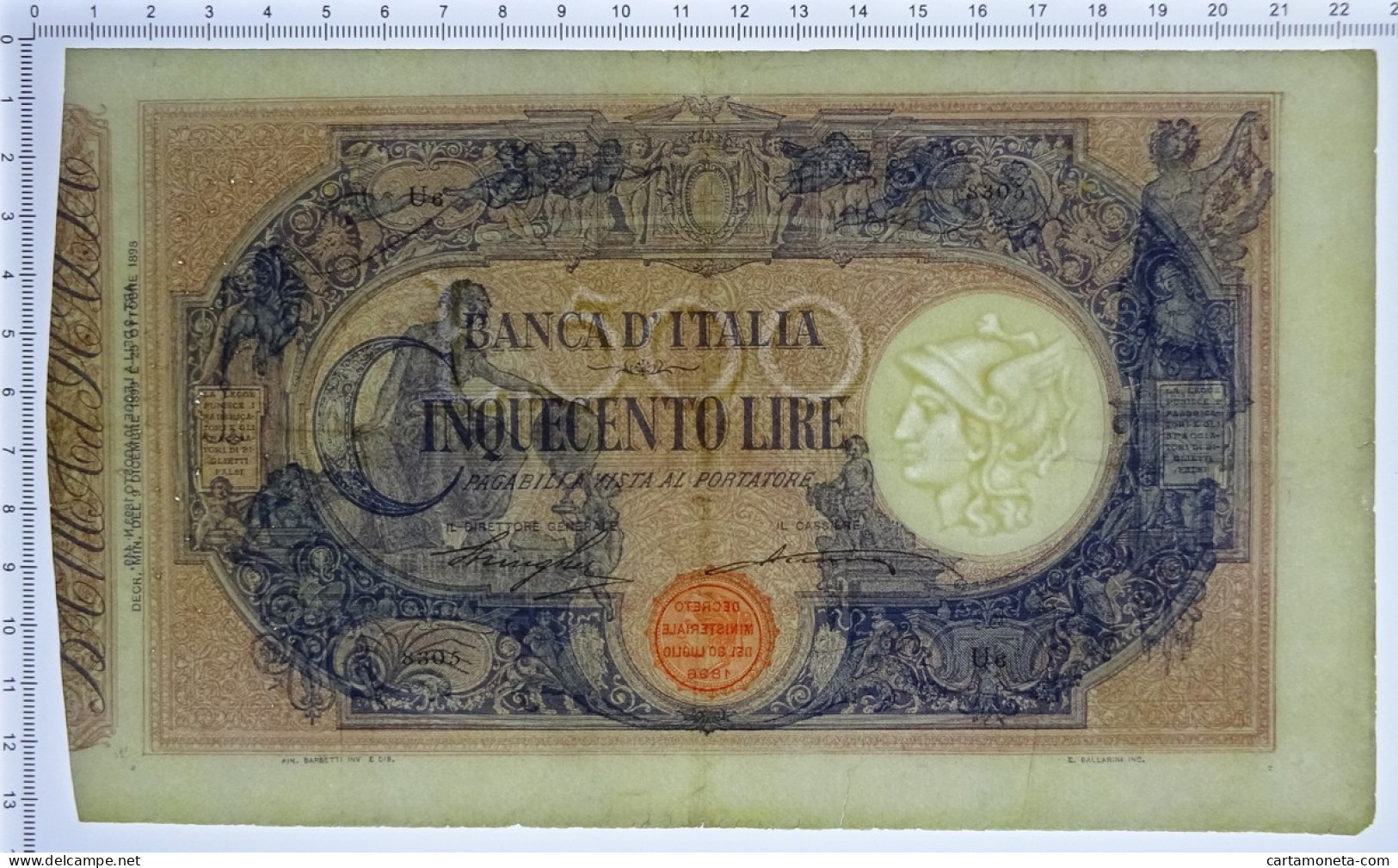 500 LIRE BARBETTI GRANDE C MATRICE LATERALE REGNO UMBERTO I 09/12/1899 BB/BB+ - Otros