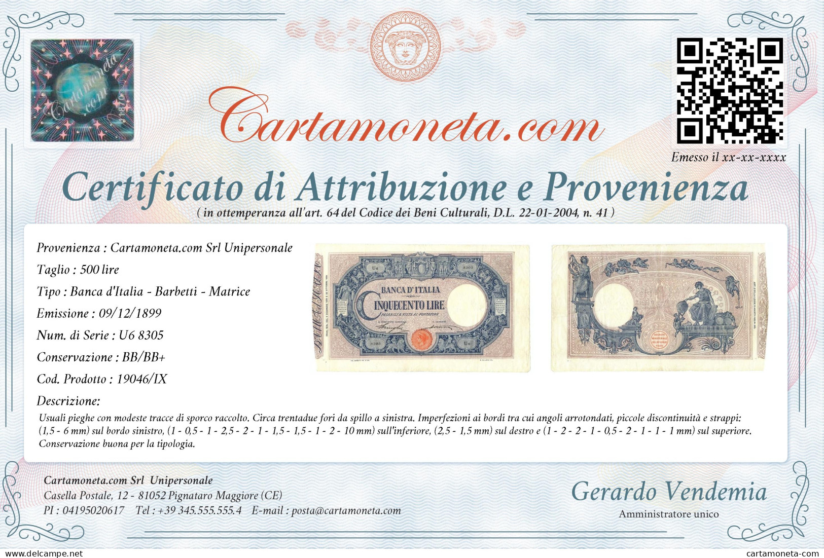 500 LIRE BARBETTI GRANDE C MATRICE LATERALE REGNO UMBERTO I 09/12/1899 BB/BB+ - Regno D'Italia - Altri