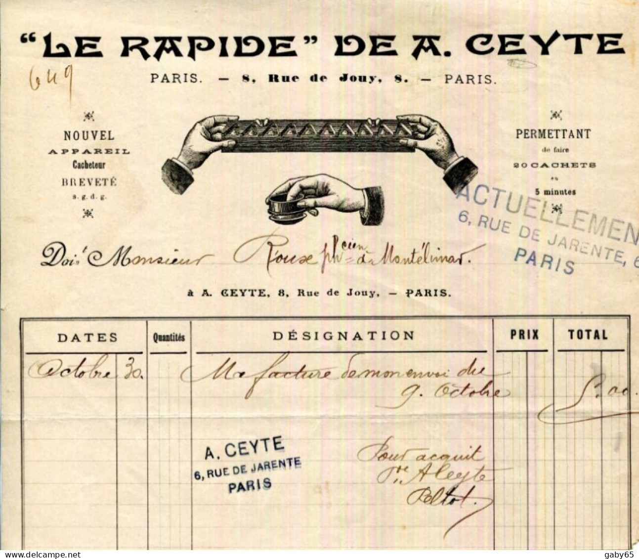 FACTURE.PARIS.NOUVEL APPAREIL CACHETEUR " LE RAPIDE " DE A. CEYTE 8 RUE JOUY. - Perfumería & Droguería