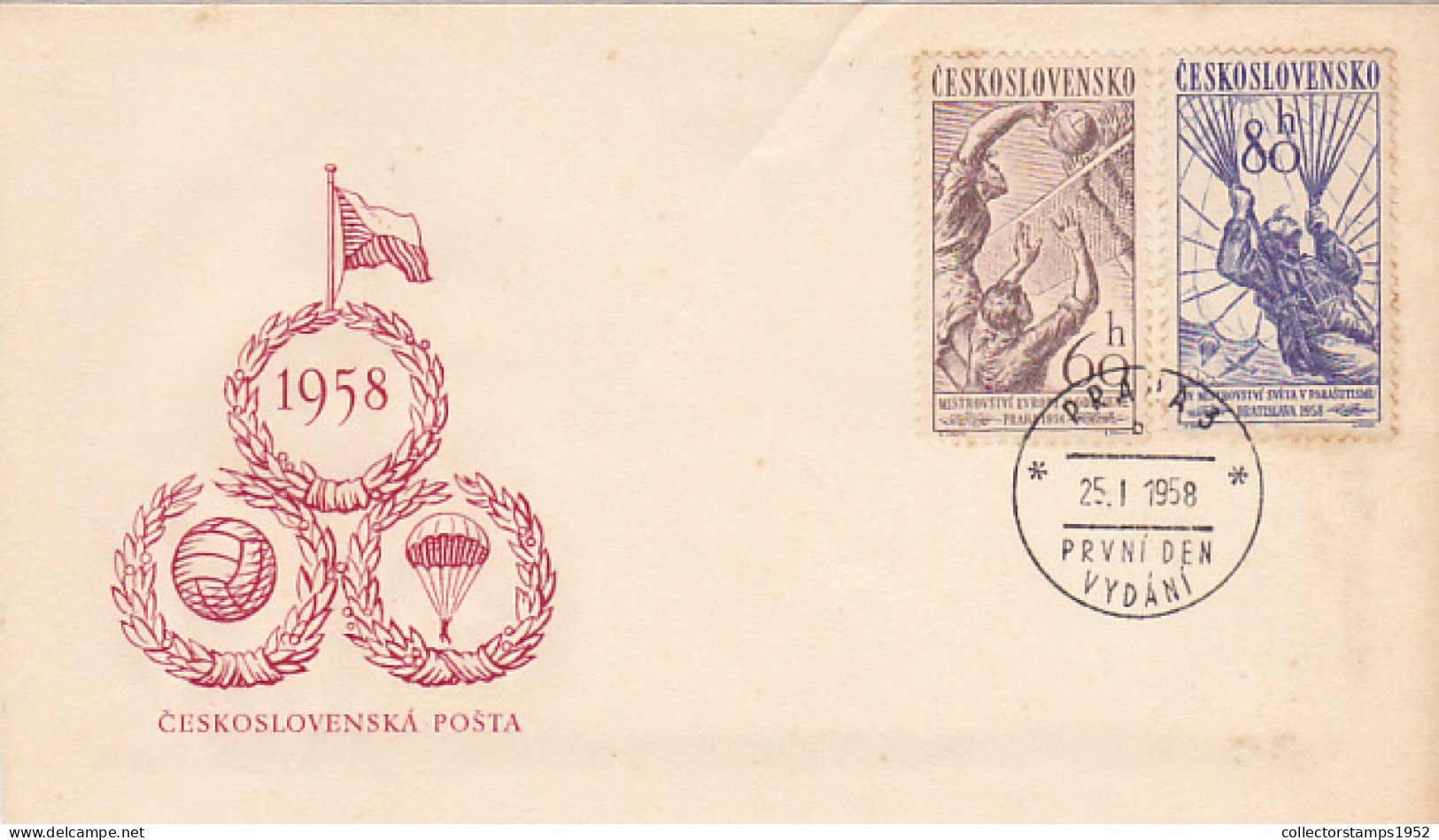 VOLLEYBALL, PARACHUTTING, SPORTS, COVER FDC, 1958, CZECHOSLOVAKIA - Fallschirmspringen