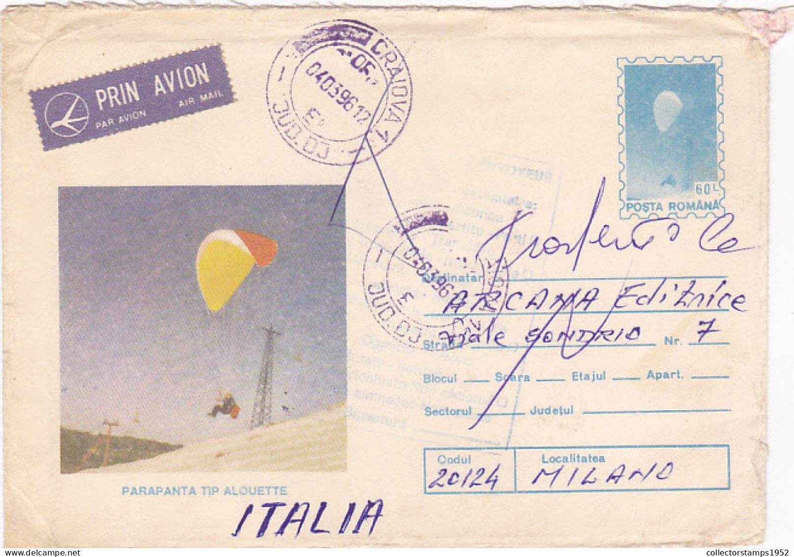 ALOUETTE SKY GLIDER, PARACHUTTING, SPORTS, COVER STATIONERY, 1994, ROMANIA - Parachutting