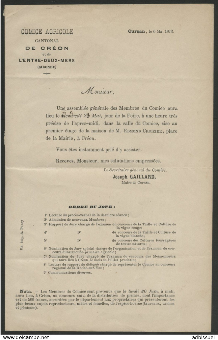 CREON GIRONDE Tarif à 2ct Pour Imprimés Sous Bande, N° 51 Oblitéré En Mai 1873 - 1849-1876: Classic Period