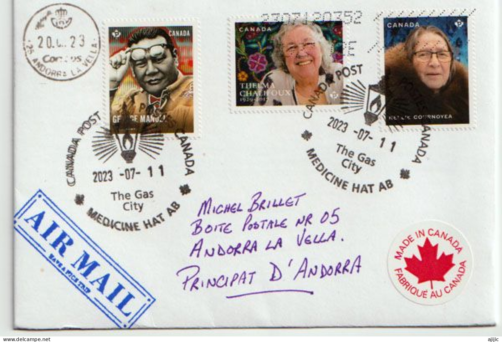 2023 Canada Indigenous Leaders:Thelma Chalifoux,Nellie Cournoyea,George Manuel.Letter From Alberta To Andorra - Storia Postale