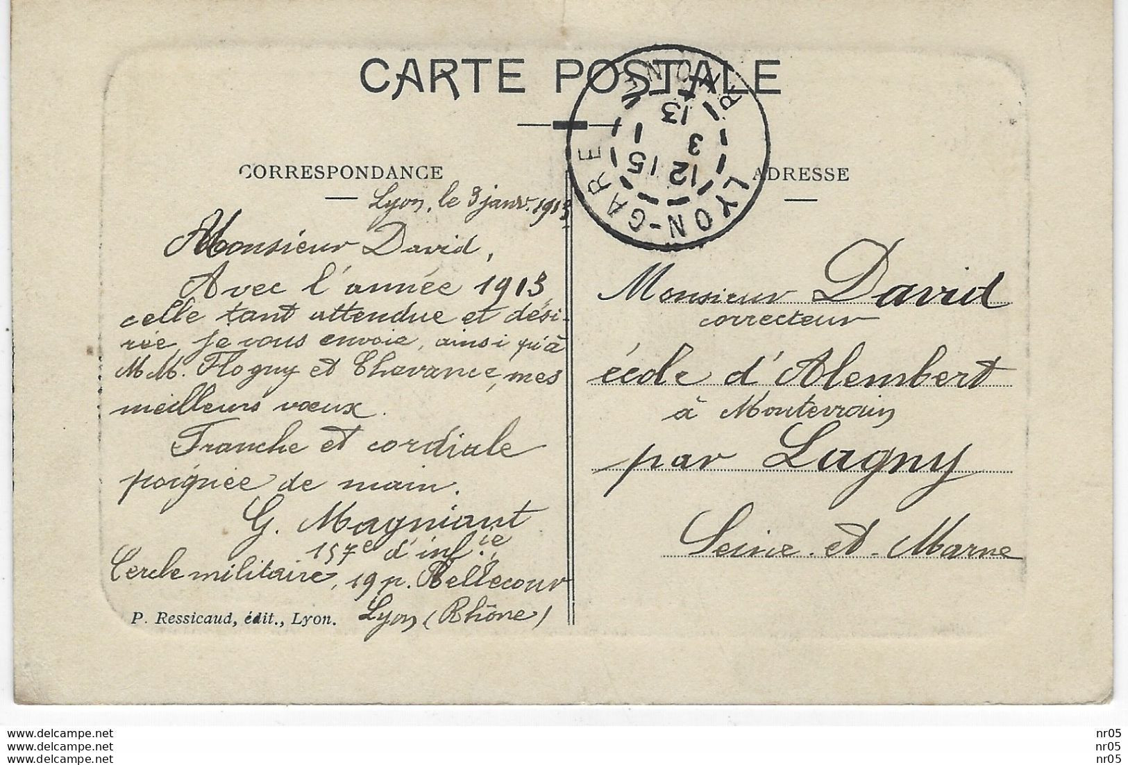 Carte Voeux 1913 Du Cercle Militaire De Lyon Vers Ecole D'Alembert A Montevrain Par Lagny TAD " LYON GARE - Rhone " - Andere & Zonder Classificatie