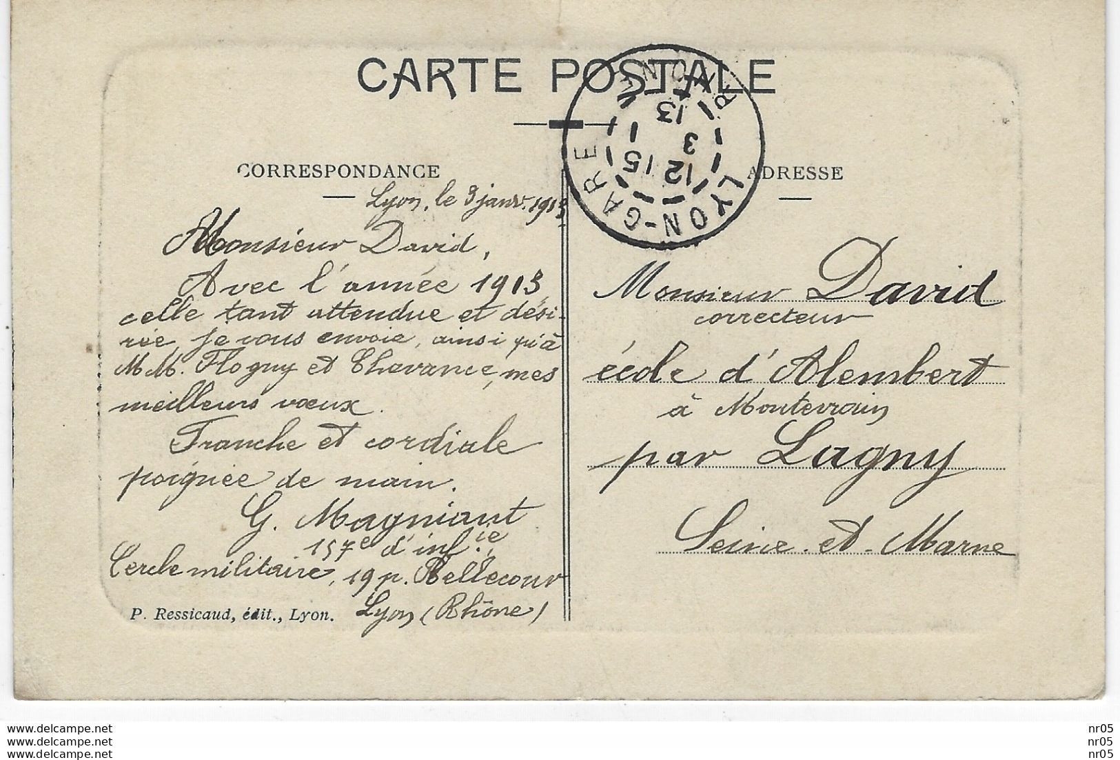 Carte Voeux 1913 Du Cercle Militaire De Lyon Vers Ecole D'Alembert A Montevrain Par Lagny TAD " LYON GARE - Rhone " - Autres & Non Classés