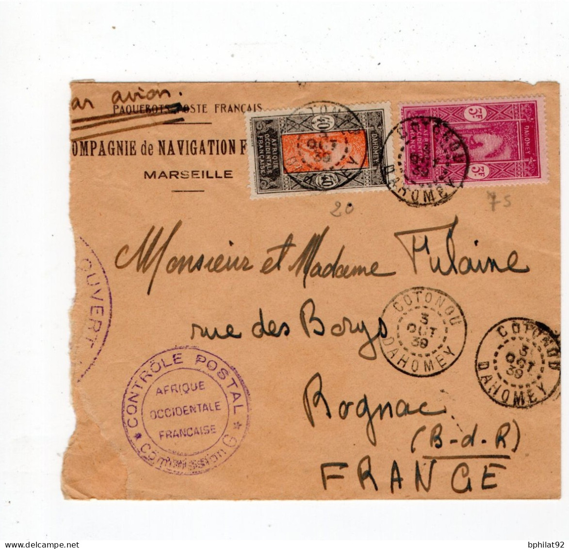 !!! DAHOMEY, LETTRE DE COTONOU DE 1939 PAR AVION POUR LA FRANCE AVEC CENSURE - Briefe U. Dokumente