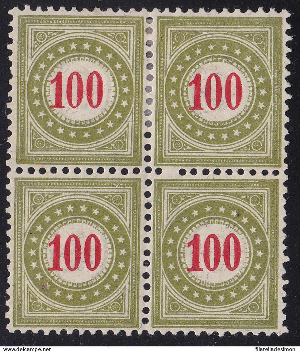 1894-96 Svizzera , Tasse Catalogo Zumstein N. 21E - 100 Verde-oliva QUARTINA */* - Neufs
