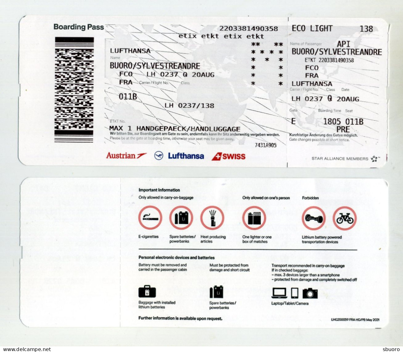 Lufthansa Boarding Pass 2021. LH0237 Roma Fiumicino Frankfurt. FCO-FRA. Carte D'accès à Bord, Compagnie Aérienne. Avion. - Europa