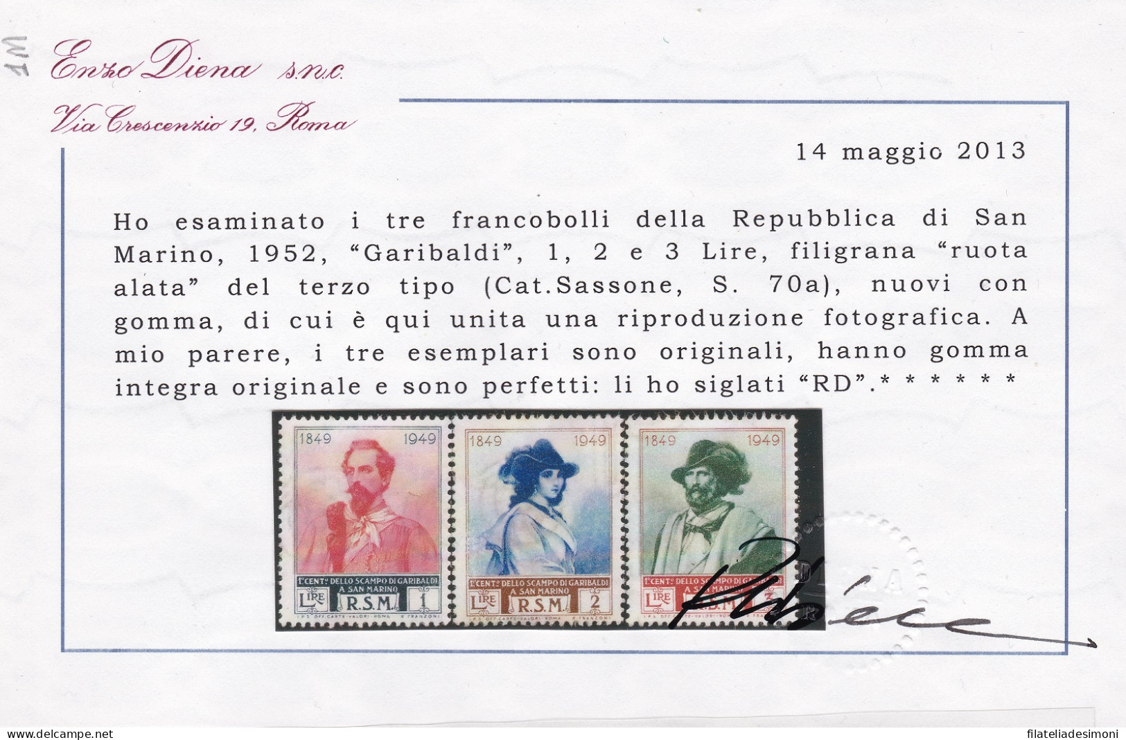 1949 SAN MARINO, N° 358/I-360/I , 3 Valori Filigrana Ruota III , MNH** Certific - Variedades Y Curiosidades