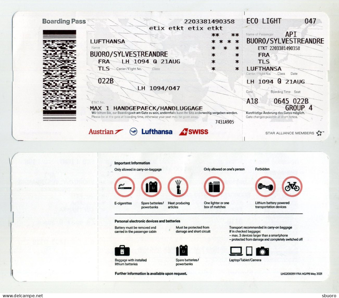 Lufthansa Boarding Pass 2021. LH1094 Frankfurt Toulouse. FRA-TLS. Carte D'accès à Bord, Compagnie Nationale Allemande. - Europa