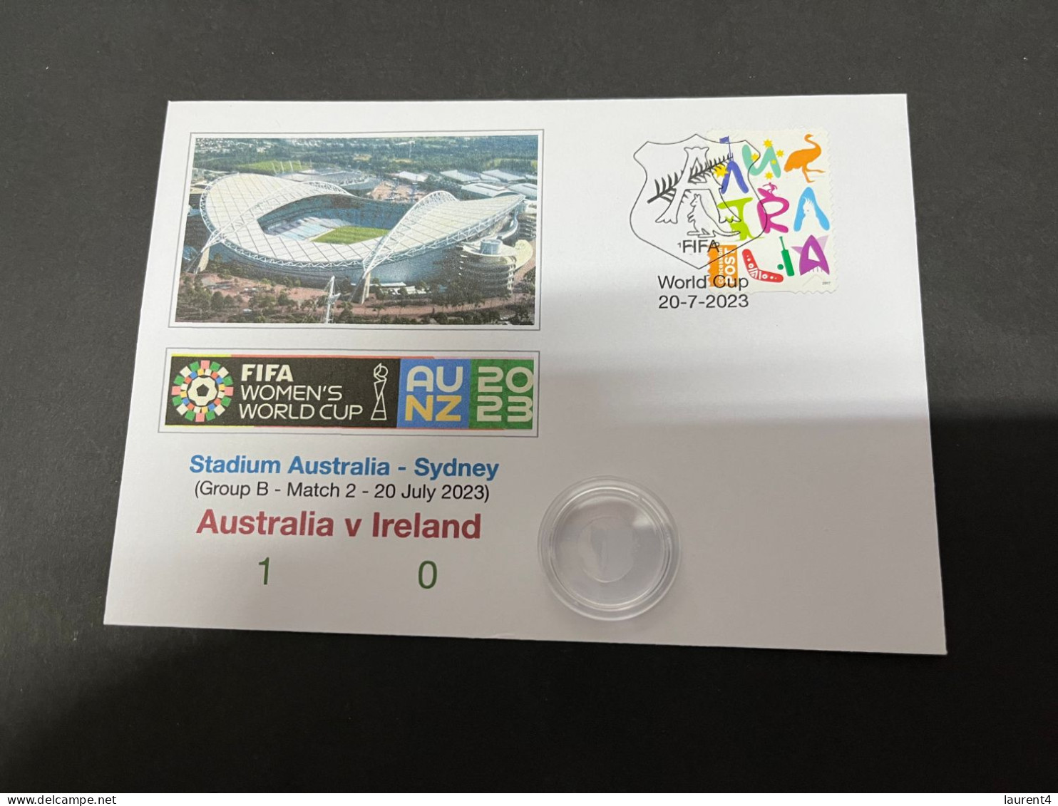 21-7-2023 (3 S 1) FIFA Women's Football World Cup Match 2 (Australia Stamp + Coin) Australia (1) V Ireland (0) - 2 Dollars